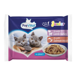 Karma dla kotów Prevital Junior, jagnięcina, indyk, łosoś i pstrąg, saszetka 100 g (4 sztuki)