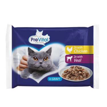 Karma dla kotów PreVital w saszetkach z kurczakiem i cielęciną w sosie, saszetka 100 g (4 sztuki)