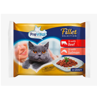 Karma dla kotów PreVital Fillet Selection z wołowiną i łososiem, opakowanie 85 g (4 sztuki)