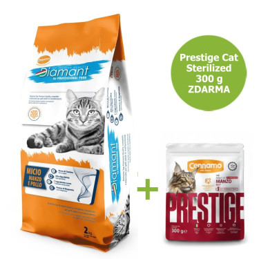 Granulat dla kota Diamant Cat Micio Wołowina i Kurczak 2 kg + Prestige Cat Sterilized Manzo Wołowina 300 g GRATIS