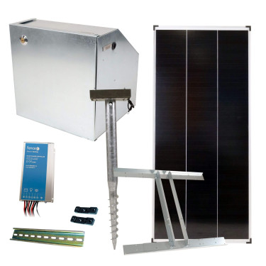 Zestaw podstawowy do ogrodzenia solarnego z skrzynką bezpieczeństwa, sterownikiem 15 A, panelem 200 W, konsolą